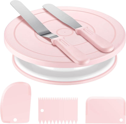 Kootek Cake Decorating Kit Baking Supplies Set Cake Turntable with 2 Frosting Straight Angled Spatula 3 Icing Smoother Scrapers Baking Accessories Tools for Beginners and Pros Mother's Day, Light Pink