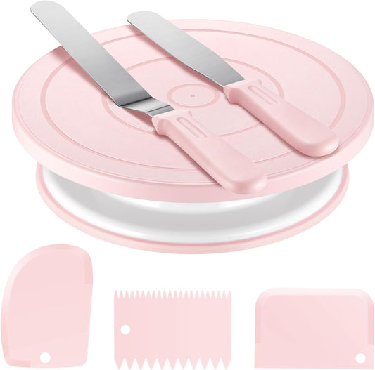Kootek Cake Decorating Kit Baking Supplies Set Cake Turntable with 2 Frosting Straight Angled Spatula 3 Icing Smoother Scrapers Baking Accessories Tools for Beginners and Pros Mother's Day, Light Pink