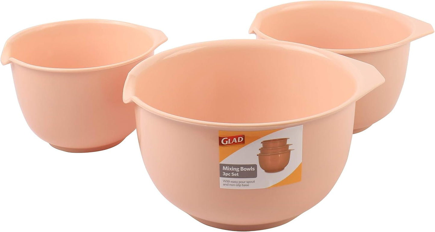 Glad Mixing Bowls with Pour Spout| Nesting Design Saves Space | Non-Slip, BPA Free, Dishwasher Safe Plastic | Kitchen Cooking and Baking Supplies, Blush, 3 piece set