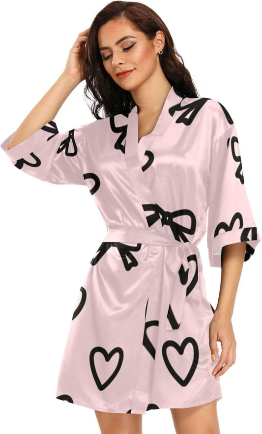 Pink Bow Heart Woman's Bathrobes with Pockets Summer Robe after Shower