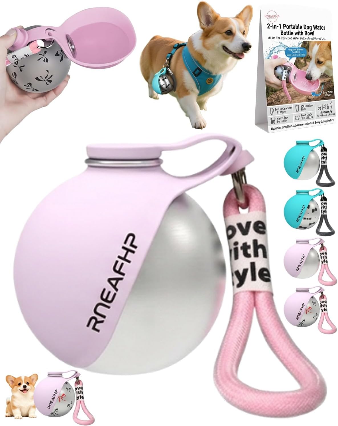 Dog Water Bottle with Bowl 2-in-1 Portable Leak Proof 10 OZ Puppy Travel Drink Dispenser for Large Medium Small Breeds Stainless Steel Hydration Tumbler Buddy Cup for Dogs Pets Outdoor(Pink A)