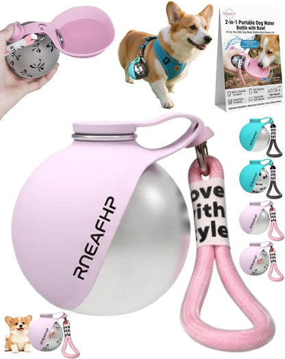 Dog Water Bottle with Bowl 2-in-1 Portable Leak Proof 10 OZ Puppy Travel Drink Dispenser for Large Medium Small Breeds Stainless Steel Hydration Tumbler Buddy Cup for Dogs Pets Outdoor(Pink A)