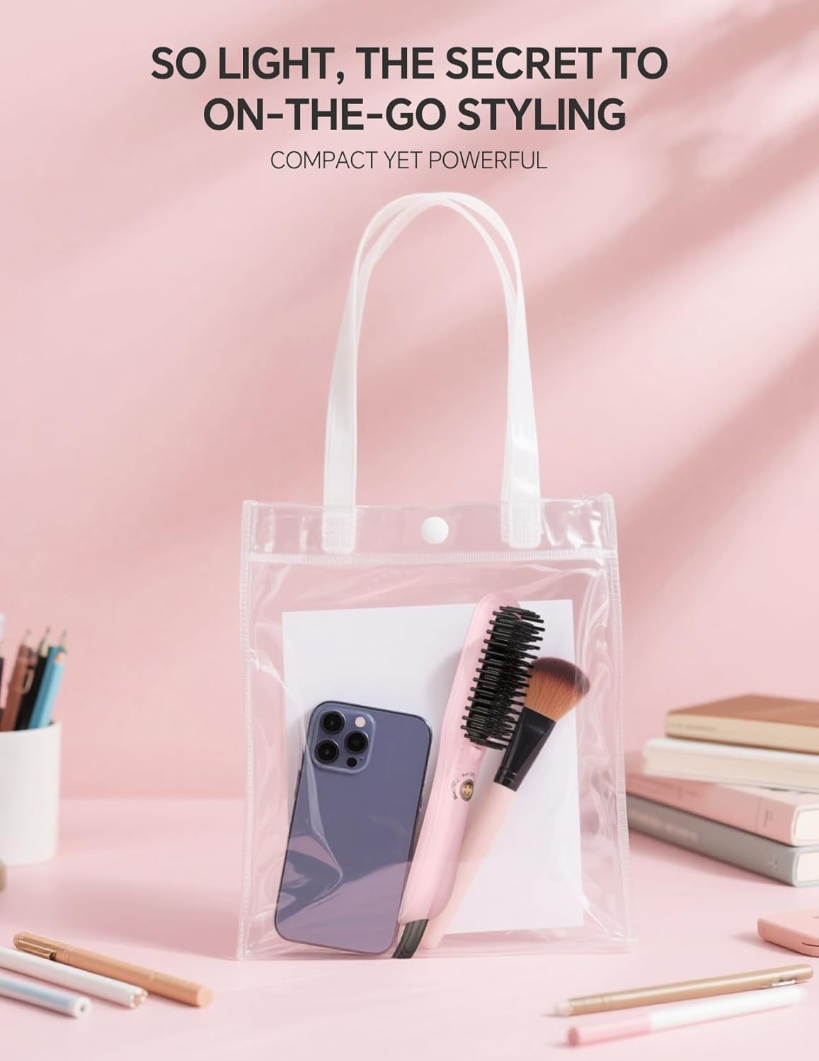 LANDOT Mini Hair Straightening Brush – Portable Heated Ionic Straightener Brush for Short to Medium Hair, 30s Fast Heat, Lightweight Hot Comb for Travel, Blush Pink