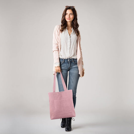 Kememo Corduroy Tote Bag with Zip, Shoulder Bag Women's Hobos Handbags Large Capacity Shopping Bag with Inner Pocket