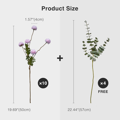 Fake Kiku Flowers for Tall Vase - 10 Silk Artificial Flowers Plus 4 Eucalyptus Branches, Realistic Chrysanthemum Ball with Stems, Spring Faux Floral for Home Decor Table Centerpieces, Pink