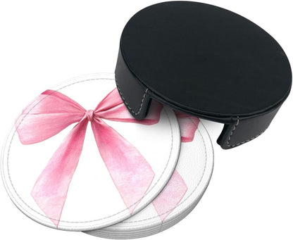 Watercolor Light Pink Coquette Bow Premium Leather Coasters, Set of 6 with Holder, Stylish Beverage Coasters for Kitchen Coffee Bar
