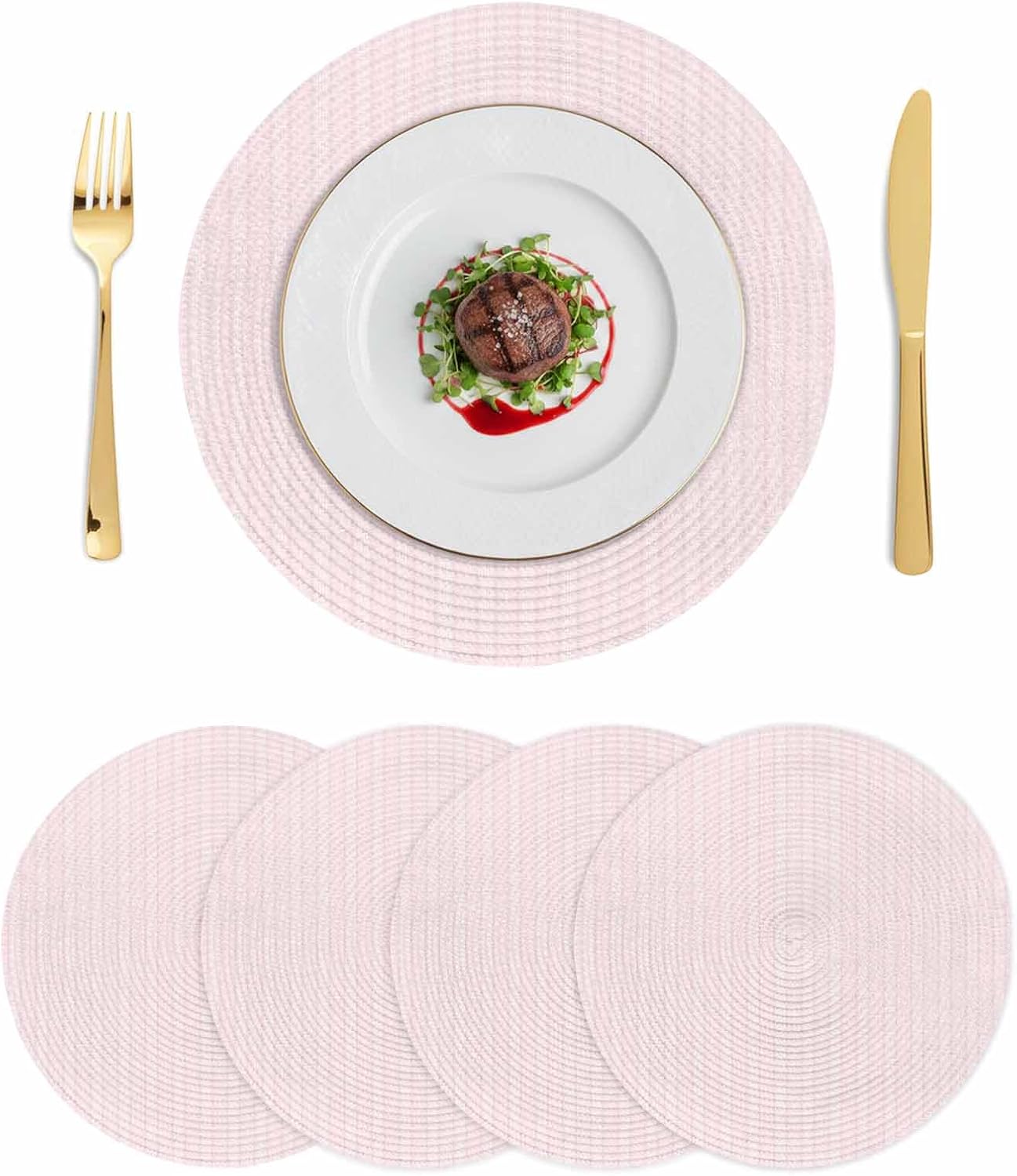 Blush Pink Line Striped Round Placemats Set of 4 Farmhouse Pink Stripes Place Mats Indoor Woven Table Mats Washable Heat-Resistance Braided Dining Table Placemats for Kitchen Holiday Decor 13 Inch