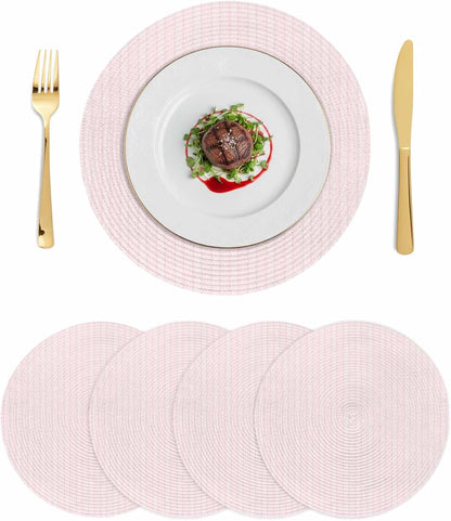 Blush Pink Line Striped Round Placemats Set of 4 Farmhouse Pink Stripes Place Mats Indoor Woven Table Mats Washable Heat-Resistance Braided Dining Table Placemats for Kitchen Holiday Decor 13 Inch