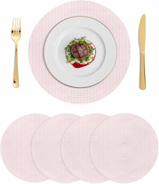 Blush Pink Line Striped Round Placemats Set of 4 Farmhouse Pink Stripes Place Mats Indoor Woven Table Mats Washable Heat-Resistance Braided Dining Table Placemats for Kitchen Holiday Decor 13 Inch