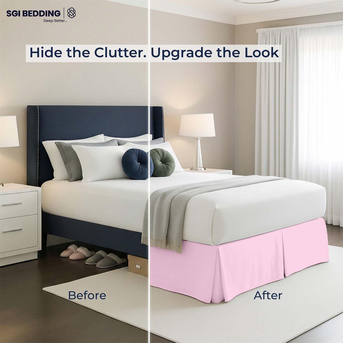 SGI bedding 15 inch Drop Bed Skirt Queen Size Platform Style with Secure Fit, Classic Tailored Look, Elegant Pleated Style Dust Ruffle, Split Corners, Wrinkle Resistant Microfiber - Pink