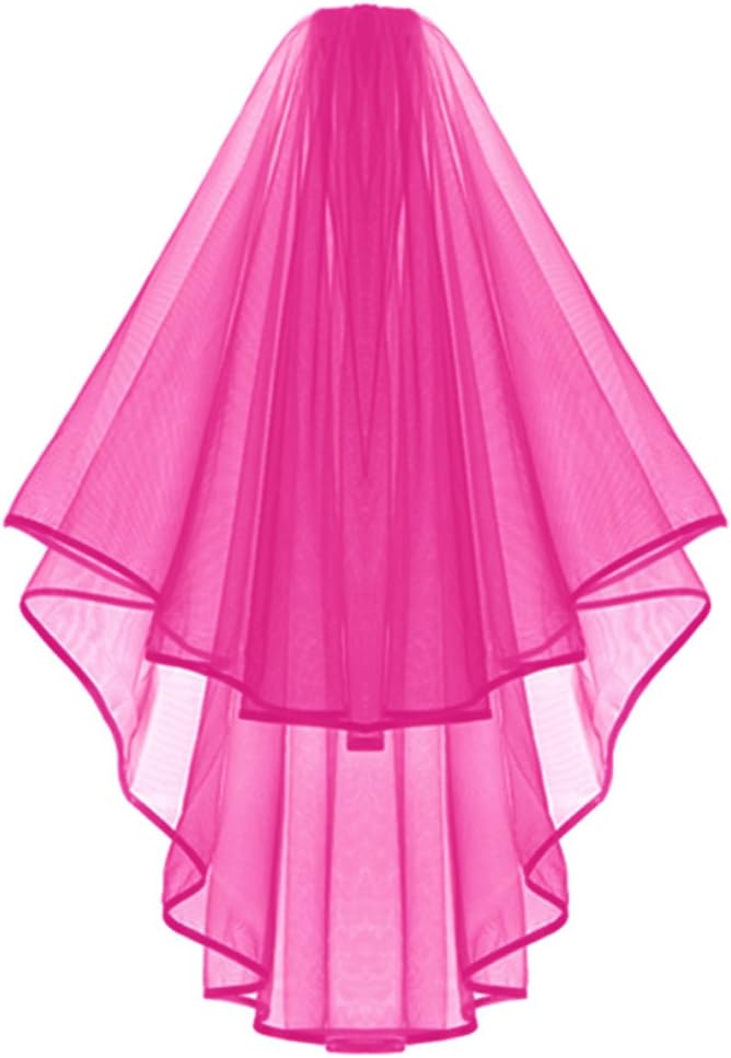 Hot Pink Double Ribbon Edge Center Cascade Bridal Wedding Veil with Comb & Bride To Be Satin Sash- Bachelorette Party Decorations Supplies