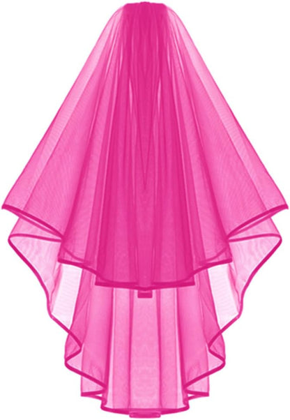 Hot Pink Double Ribbon Edge Center Cascade Bridal Wedding Veil with Comb & Bride To Be Satin Sash- Bachelorette Party Decorations Supplies