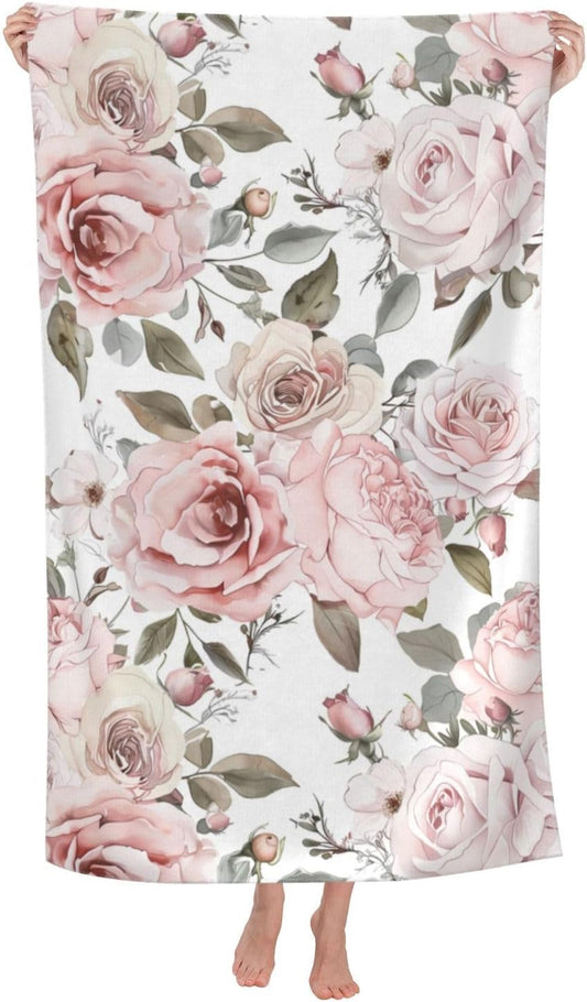 Retro Rose Floral Beach Towel, 32x52in Microfiber Quick Dry Pink Flower Vintage Bath Towels, Soft Lightweight Oversized Sand Free, for Travel Pool Swimming Gym Decor, Gifts Women Girls