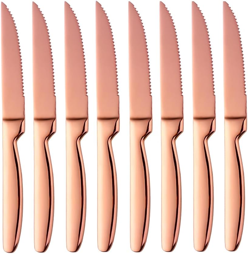 DOCBLACK Stainless Steel Steak Knives set of 8 Serrated Steak Knife Sets with Sharp Blade, 8.66 Inches(22 CM) Silverware Cutlery Table Knives for Steak (Rose Gold)