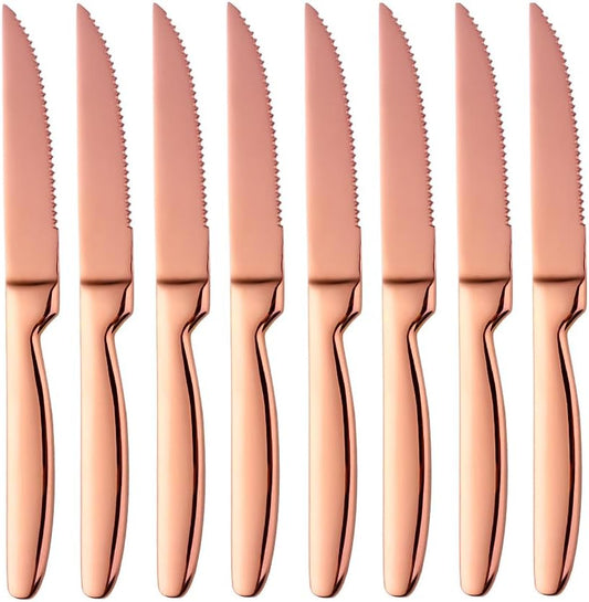 DOCBLACK Stainless Steel Steak Knives set of 8 Serrated Steak Knife Sets with Sharp Blade, 8.66 Inches(22 CM) Silverware Cutlery Table Knives for Steak (Rose Gold)