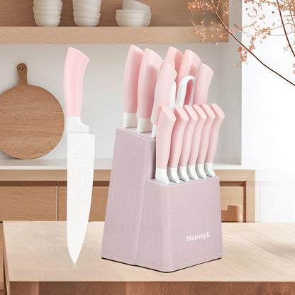 Knife Set, 15 Pcs Pink Kitchen Knife Set, Anti-Rust Non Stick Stainless Steel Sharp Pink Chef Knife Sets with Block, Ergonomic Non-slip Handle Knife Block Set with Steak Knife, Bread Knife, Scissors