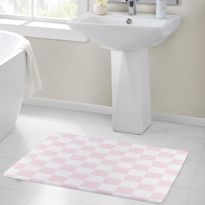 HVEST Pink Checkered Bath Mat for Bathroom, Modern Minimalist Plaid Pattern Non-Slip Bathroom Mat, Checkerboard Memory Foam Bath Rug, Shower Mats, Quick-Drying Toilet Rug, 23X15 Inches