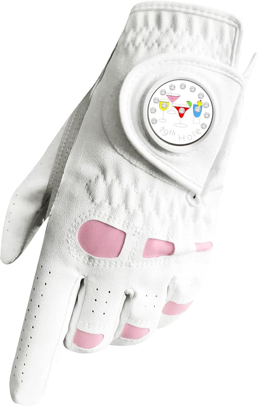 VEASAERS Golf Gloves Women Leather with Ball Marker 3 Pack, Left Hand Right Stylish Pink All Weather Grip Breathable Glove, Fit Sizes Small Medium Large for Womens Ladies