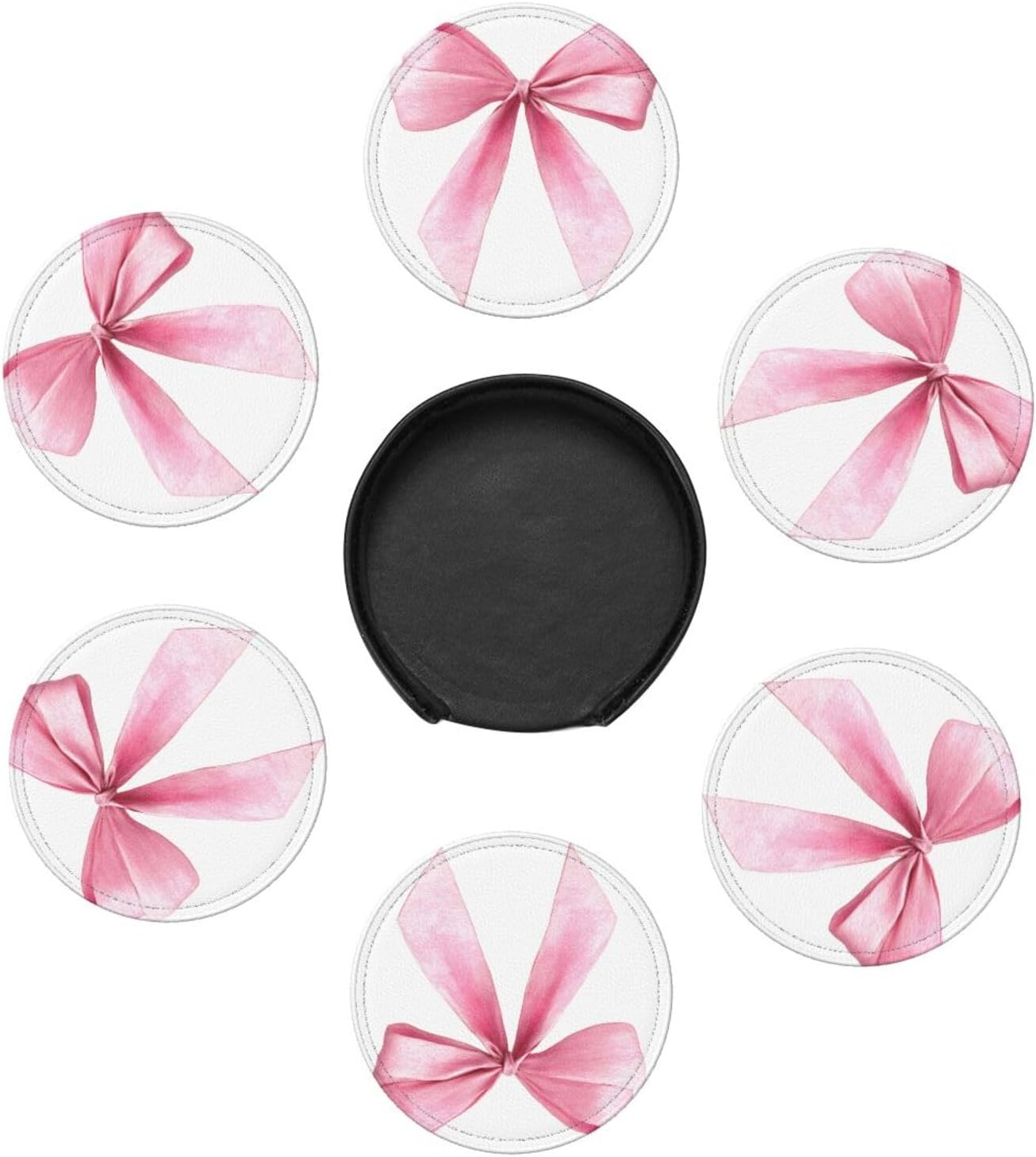 Watercolor Light Pink Coquette Bow Premium Leather Coasters, Set of 6 with Holder, Stylish Beverage Coasters for Kitchen Coffee Bar