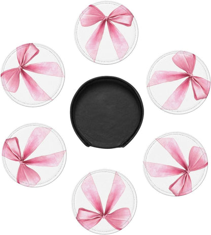 Watercolor Light Pink Coquette Bow Premium Leather Coasters, Set of 6 with Holder, Stylish Beverage Coasters for Kitchen Coffee Bar