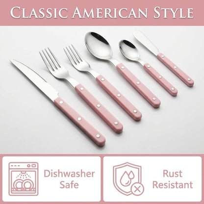 Pink-Color Handle Silverware Set - 6-Piece Stainless Steel Flatware with Steak Knife, Fork, Spoon, Teaspoon, Dessert Fork and Butter Knife - Elegant Tableware Cutlery for Dining (Pink)