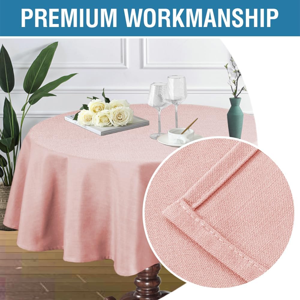 H.VERSAILTEX Linen Textured Table Cloths Round 70 Inch Premium Solid Tablecloth Spill-Proof Waterproof Table Cover for Dining Buffet Feature Extra Soft and Thick Fabric Wrinkle Free, Baby Pink
