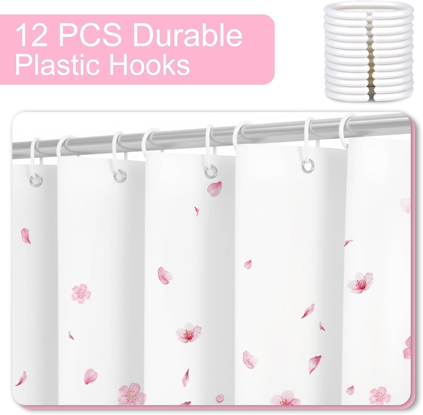 Mocsicka Pink Floral Shower Curtain Pink Petal Spring Cherry Blossom Bathroom Shower Curtain Flower Waterproof Fabric Shower Curtains Bathtub Decor with 12 Hooks 72 X 72 Inch (Pink)