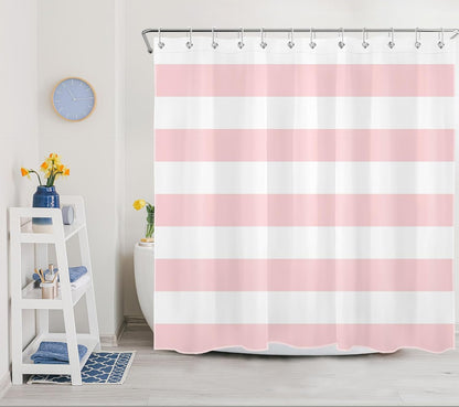 LB Pink Striped Shower Curtain Pink and White Bathroom Decor - Polyester Fabric 72x72 Inch with 12 Hooks, Modern Minimalist Stripe Bathroom Curtain Design for Bathtub/Shower
