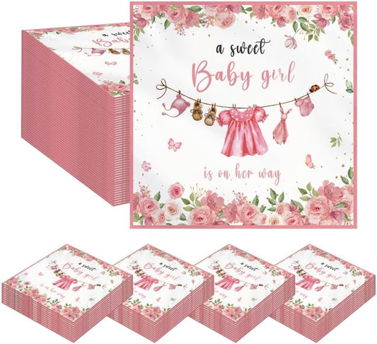 50PCS Baby Shower Napkins Decoration,A Sweet Baby girl Is On The Way Babi Shower Decoration,Watercolor Greenery girls Babys Paper Napkins for girl’s Gender Reveal Party Decoration (Pink)