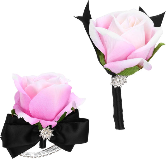 uxcell 2Pcs Rose Wrist Corsage Boutonnieres Set, Artificial Wrist Corsages Men Boutonnieres with Black Satin Ribbon Rhinestone Decor for Prom Wedding Party, Rose Pink