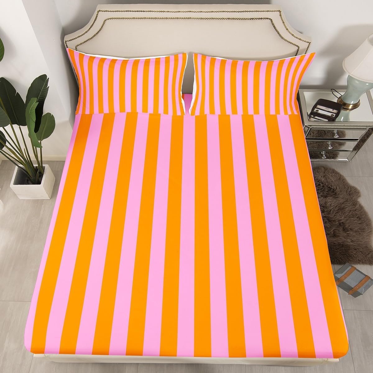 Kids Pink Orange Bedding Twin Size Abstract Fitted Sheet with 1 Pillowcases for Boys Girls Teens Bedroom Decor Stripes Bed Sheets Set 16" Deep Pocket Breathable Soft Microfiber Women Men Geometric
