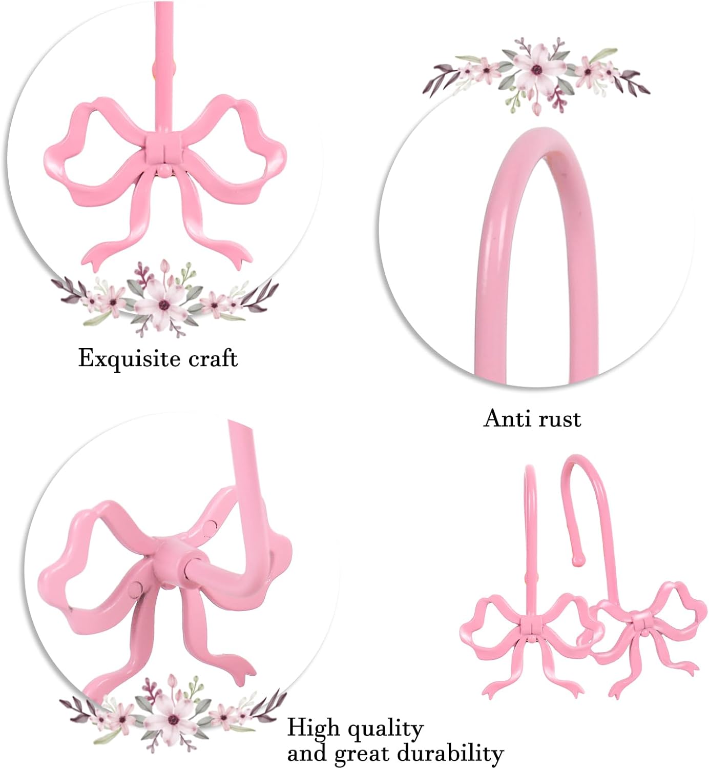Whaline 12Pcs Pink Bow Shower Curtain Hooks Shower Rings Bow Knot Metal Curtain Hanger Hooks for Home Nursery Living Room Bedroom Bathroom Decor