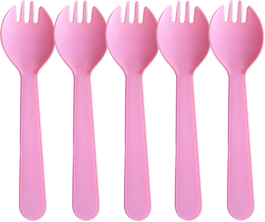 100PCS Disposable Plastic Sporks, Individually Wrapped Forks for Ice Cream, Cake, 4.2 Inch Mini Spoons and Sporks for Desserts, Yogurt, Fruit, Salad （Pink）