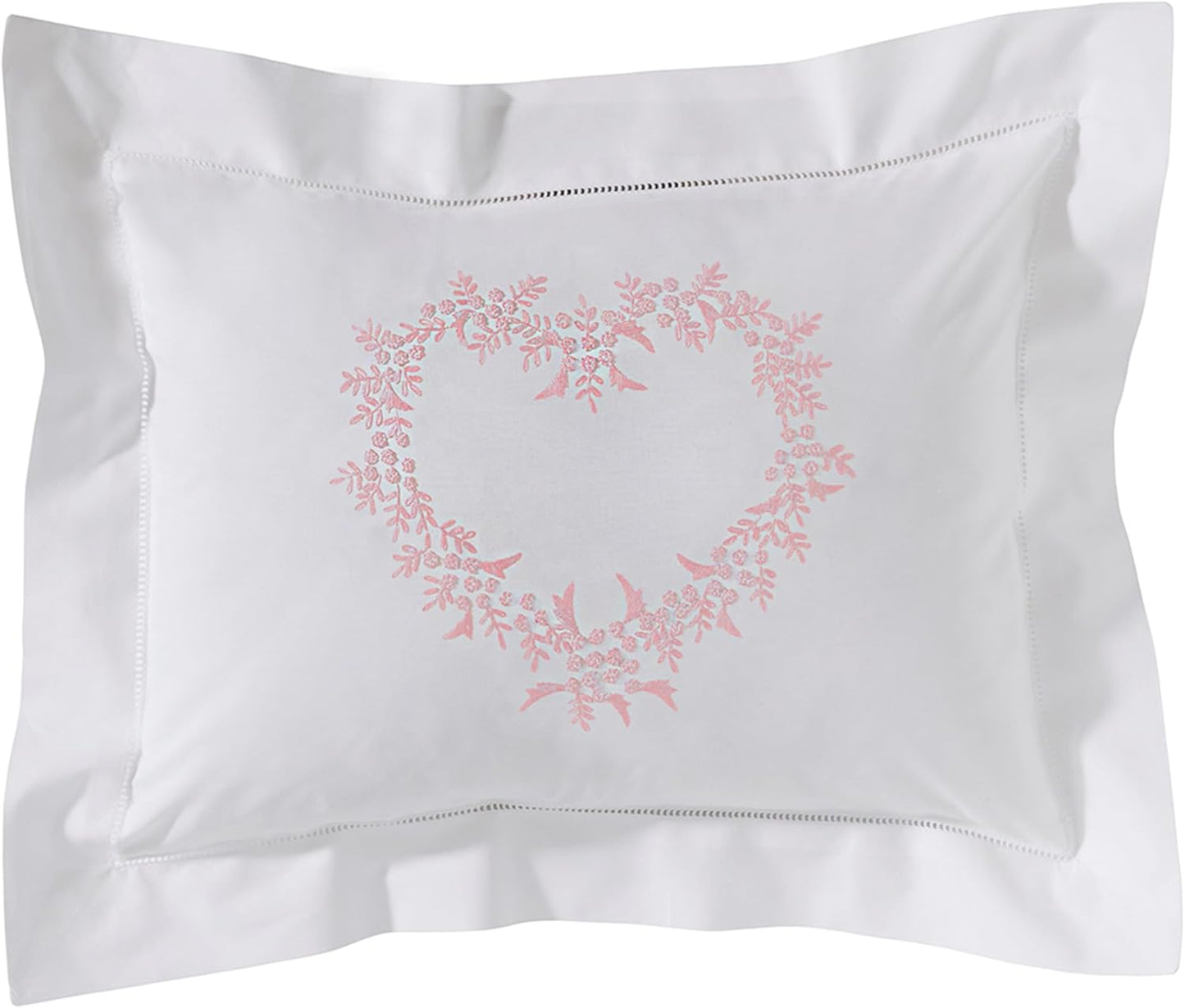 Jacaranda Living Embroidered Boudoir Pillow Cover – Handcrafted Embroidery, Fine Italian Cotton, Decorative Pillow Accent for Bedroom & Living Room (Pink Heart)
