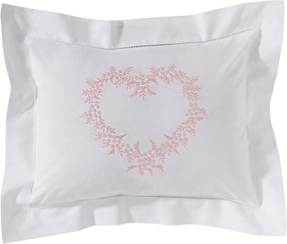 Jacaranda Living Embroidered Boudoir Pillow Cover – Handcrafted Embroidery, Fine Italian Cotton, Decorative Pillow Accent for Bedroom & Living Room (Pink Heart)