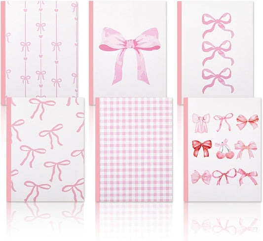 6 Pcs Pink Bow Composition Notebooks Bundle, Cute Girly Aesthetic College Ruled Journal, Back to School Gift for Teacher, Student, First Day of School Favors, 7-1/2" x 10" Journals, 110 Pages Per Book