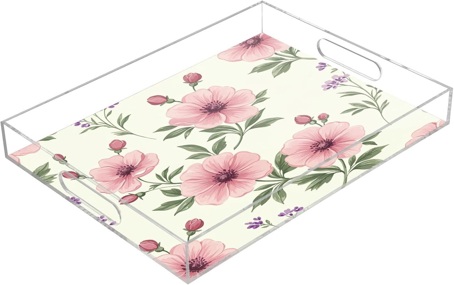 Pink Flowers Acrylic Serving Tray with Handles,Clear Serving Tray Decorative Organiser for Ottoman, Kitchen, Bedroom Decorative 12x16 Inches