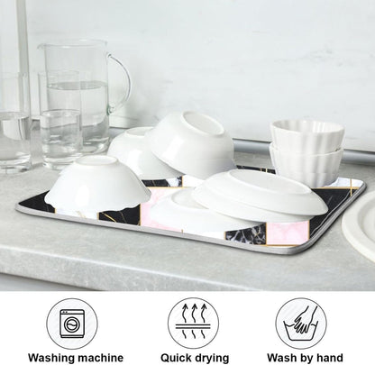 Black White Pink Checks Marble Absorbent Dish Drying Mat Microfiber Kitchen Countertop Table Protector Multipurpose Counter Rack Sink Drainer Pad(24" x 18")