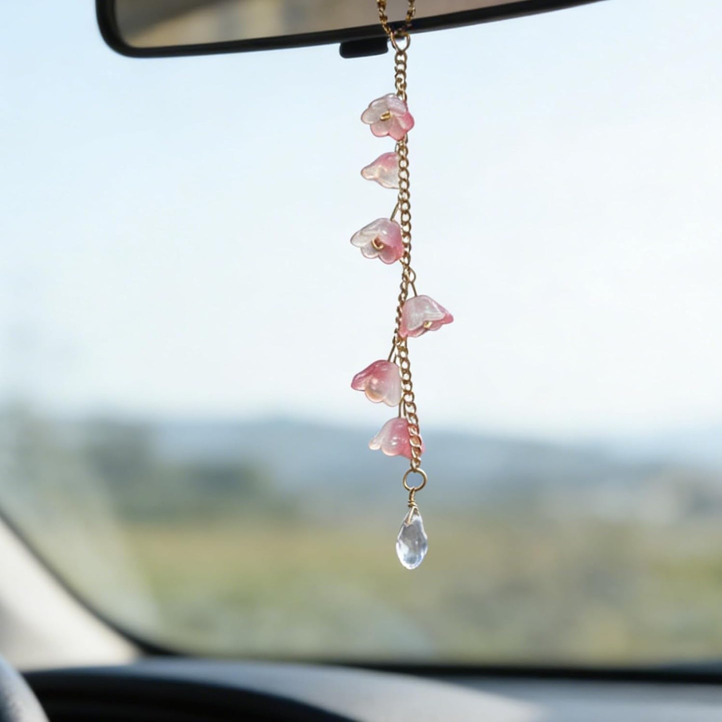 CASONA Glass Lily of The Valley Car Rearview Mirror Hanging Accessories,Cute Flower Car Charm,Girly Bellflower Sun Catcher,Pendant Ornament Gift for Women (Pink Flowers)