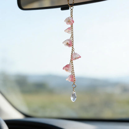 CASONA Glass Lily of The Valley Car Rearview Mirror Hanging Accessories,Cute Flower Car Charm,Girly Bellflower Sun Catcher,Pendant Ornament Gift for Women (Pink Flowers)