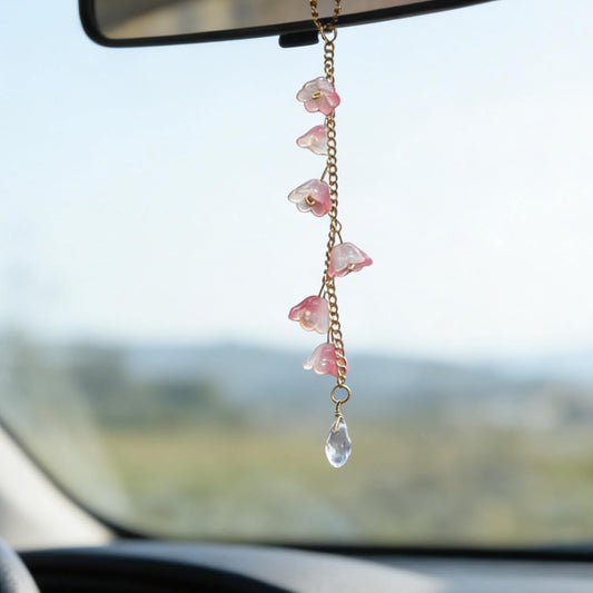 CASONA Glass Lily of The Valley Car Rearview Mirror Hanging Accessories,Cute Flower Car Charm,Girly Bellflower Sun Catcher,Pendant Ornament Gift for Women (Pink Flowers)