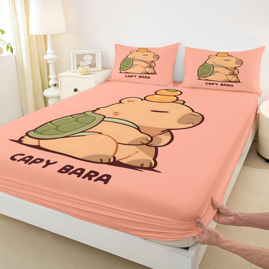 Manfei Cartoon Capybara Fitted Sheet Set Turtle Shell Kawaii Bedding Set for Kids Bedroom Lazy Cute Animal Bed Sheet Set 2pcs Deep Pocket Mattress Cover,No Top Flat Twin Peach Pink