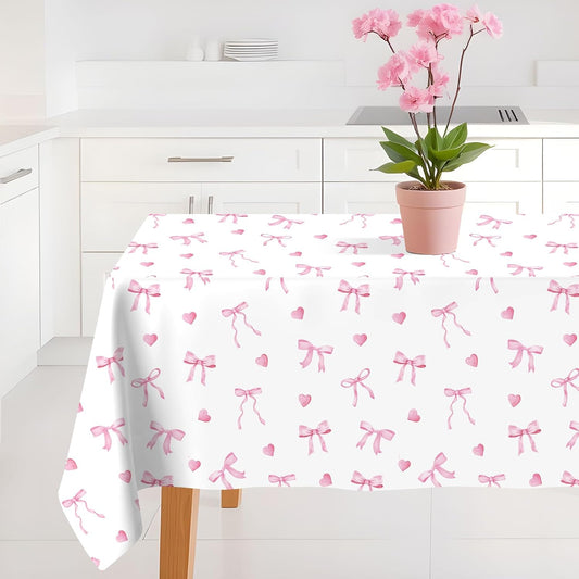 Pink Bow Tablecloth Cute Bow Knot Fabric Table Cloth Girl Coquette Party Decoration Pink Bowknot Washable Rectangle Table Cover for Women Bachelorette Engagement Party Home Kitchen Decor 60 x 104 Inch