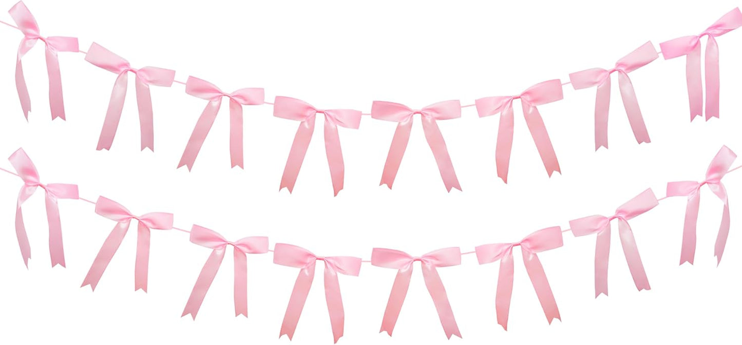 2pcs Pink Bow Garland Banner, Satin Ribbon Decorations for Coquette Theme Birthday and Bridal Shower Party Decor (Bow)