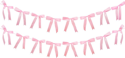 2pcs Pink Bow Garland Banner, Satin Ribbon Decorations for Coquette Theme Birthday and Bridal Shower Party Decor (Bow)