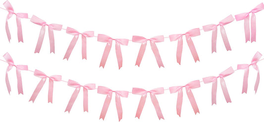 2pcs Pink Bow Garland Banner, Satin Ribbon Decorations for Coquette Theme Birthday and Bridal Shower Party Decor (Bow)