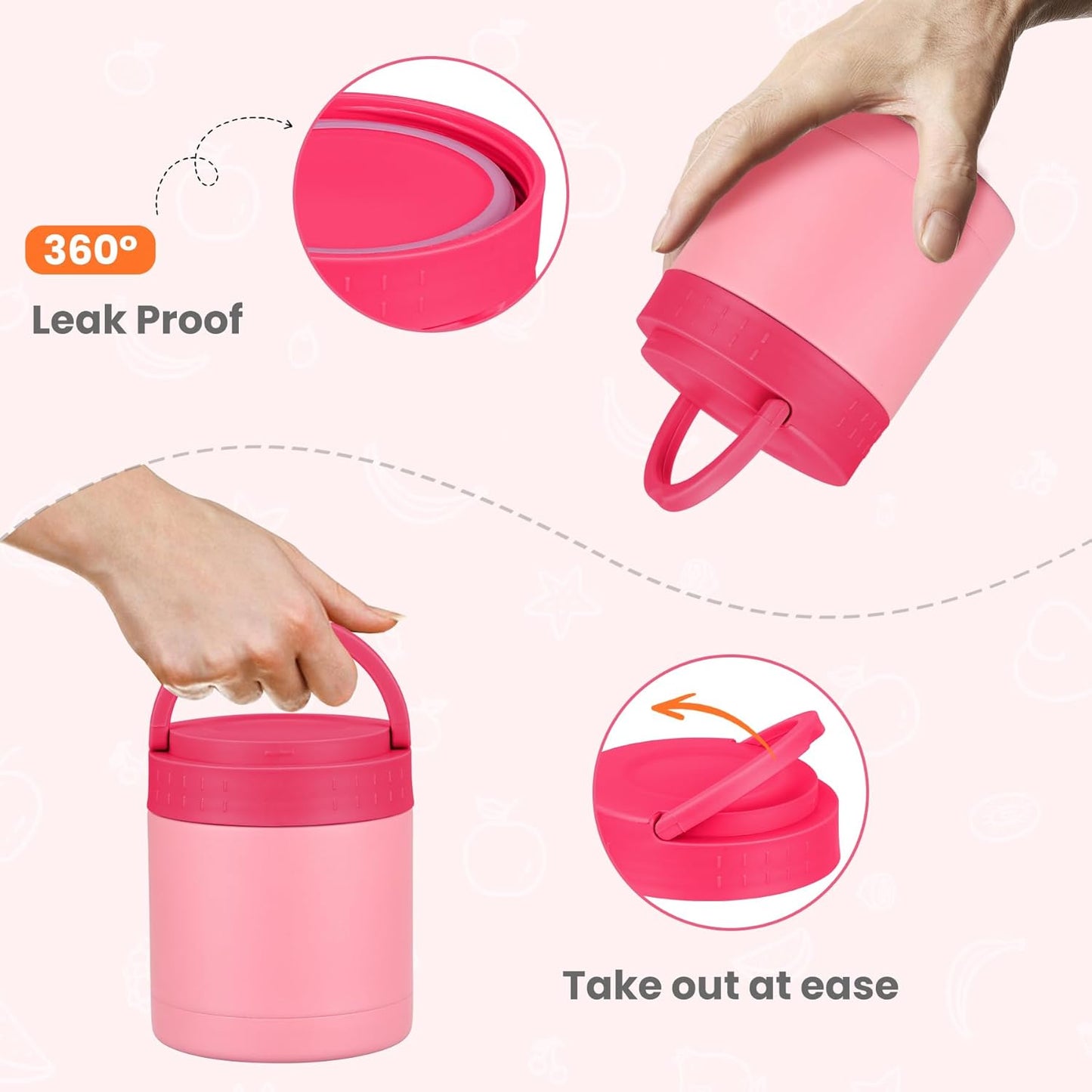HWONMTE 10.5oz Soup Thermo for Hot Food Kids Adults Insulated Food Jar with Handle Width Mouth Leak Proof Food Containers Stainless Steel Lunch Box for Office School Travel Outdoors (Pink)