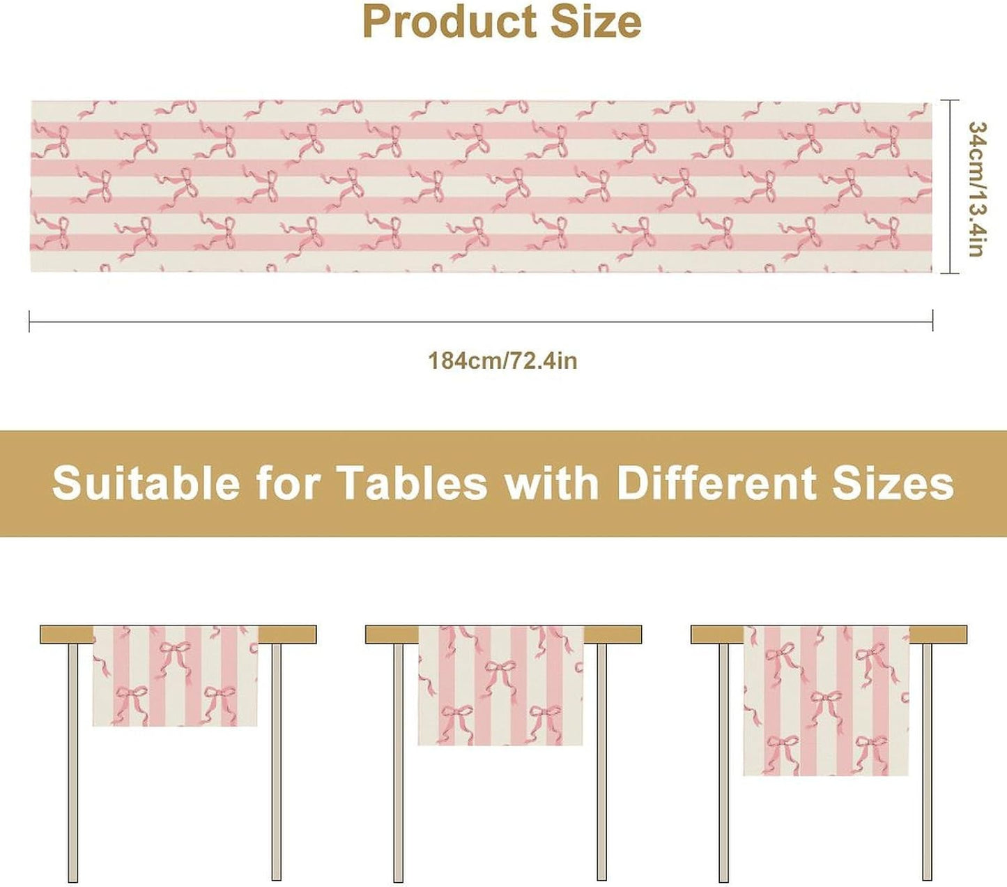 Stripe Table Runner Ribbon Bow Striped White Pink Print Pattern Decor for Indoor Outdoor Kids Party Dinner Festival Farmhouse Holiday Home Kitchen Dining Room, 13x36in