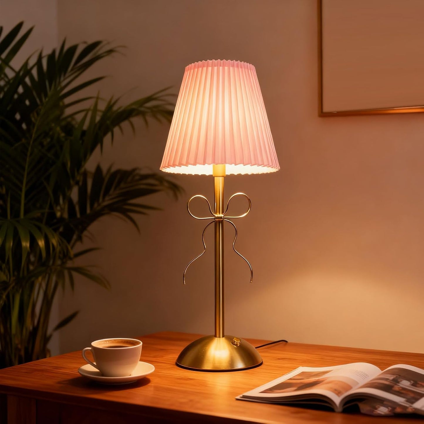 Cordless Table Lamp, 13 Inch Bow Table Lamp, Small Desk Lamp with Fabric Shade, Modern Decorative Bedside Light Small Princess Desk Lighting for Girls Room Princess Room Bedrooms (Pink)