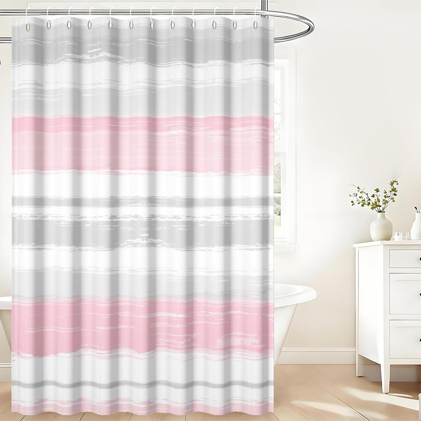 Abstract Pink Grey Shower Curtain Modern Striped Aesthetic Minimalist Geometric Bathroom Curtain for Girl Women Watercolor Painting Waterproof Fabric Shower Curtains Set with Hooks,72x72inch
